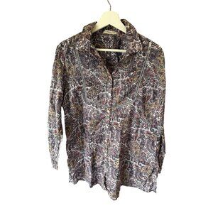 Coldwater Creek Paisley Floral Shirt Cotton Purple Yellow Long Sleeve Womens L